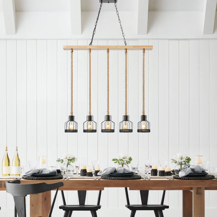 Wood and Ropes 5 Light Chandelier // Black