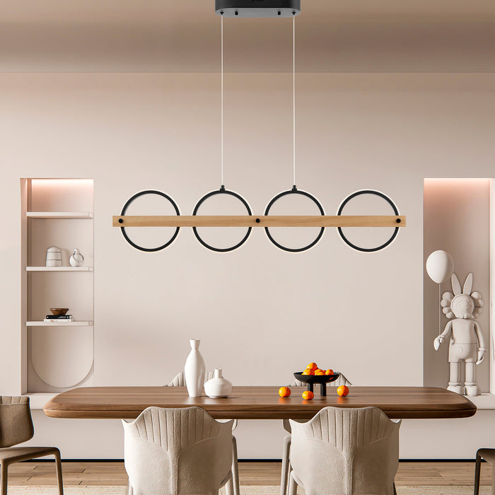 Chandelier 4 Circles Satin Black & Wood