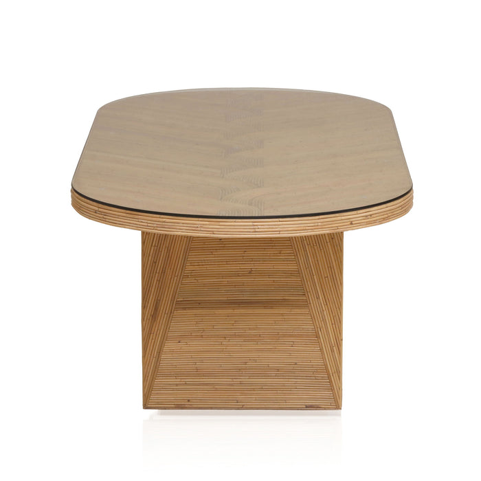 Caren Natural Rattan and Glass Oval Dining Table - DecorGalore4U