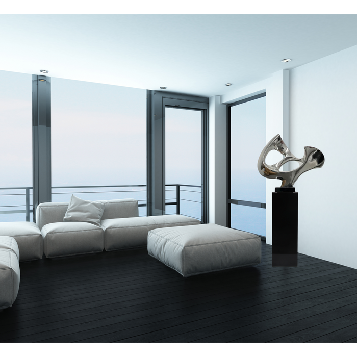 Abstract Mask 54" Tall Floor Sculpture // Chrome with Black Stand