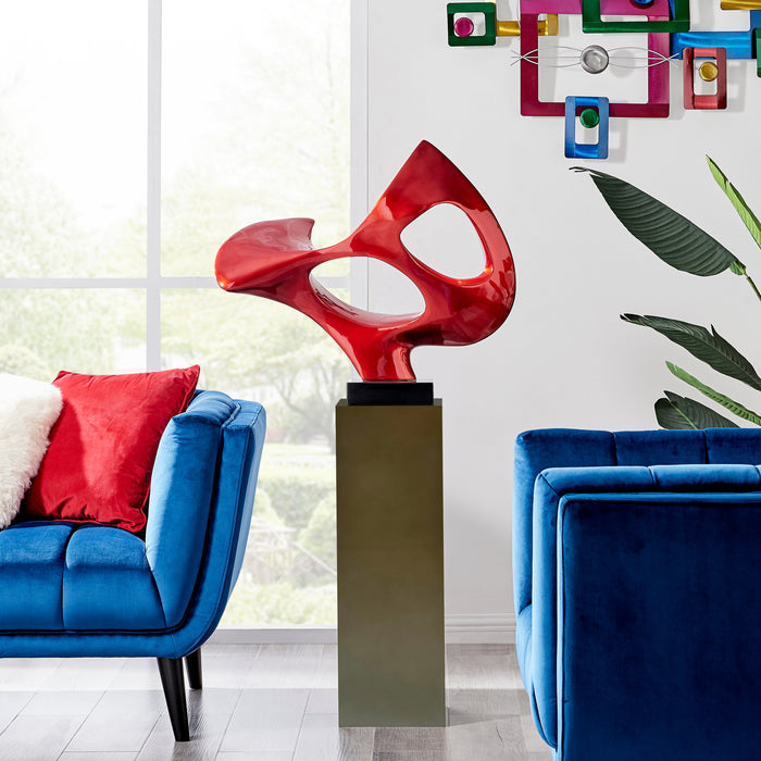 Abstract Mask 54" Tall Floor Sculpture // Metallic Red With Gray Stand