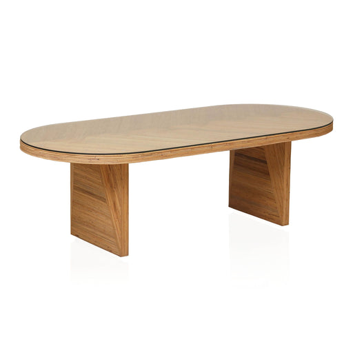 Caren Natural Rattan and Glass Oval Dining Table - DecorGalore4U