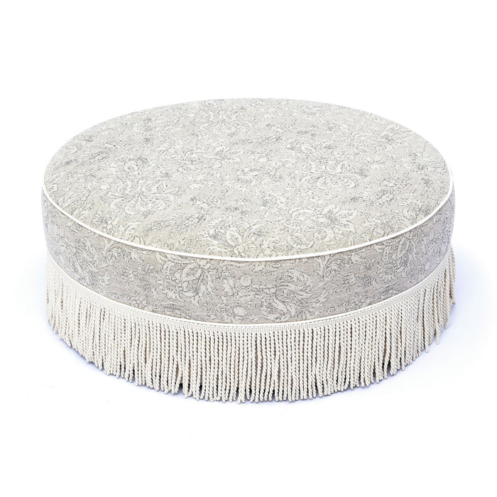 Tassy - Floral Tasseled Round Ottoman - Neutral