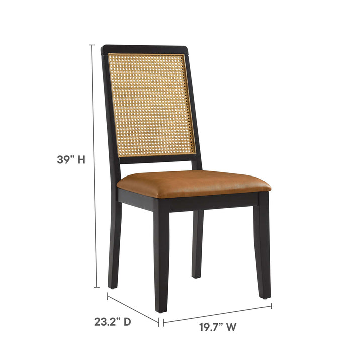 Arlo Vegan Leather Upholstered Faux Rattan and Wood Dining Side Chairs Set of 2 by Modway