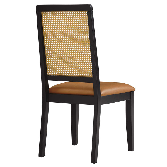 Arlo Vegan Leather Upholstered Faux Rattan and Wood Dining Side Chairs Set of 2 by Modway