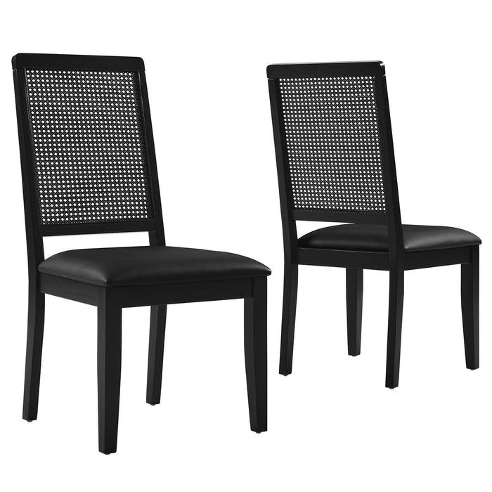 Arlo Vegan Leather Upholstered Faux Rattan and Wood Dining Side Chairs Set of 2 by Modway