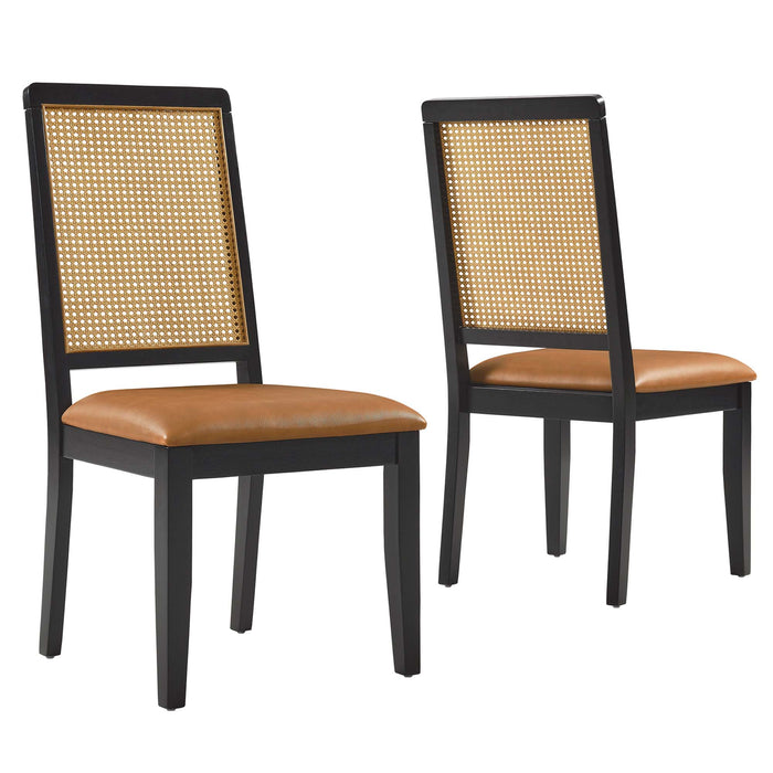 Arlo Vegan Leather Upholstered Faux Rattan and Wood Dining Side Chairs Set of 2 by Modway