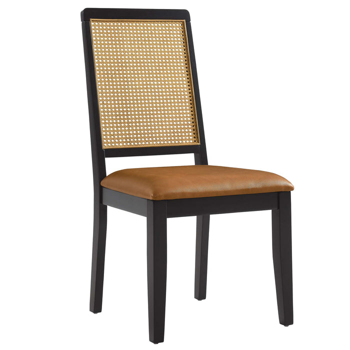 Arlo Vegan Leather Upholstered Faux Rattan and Wood Dining Side Chairs Set of 2 by Modway