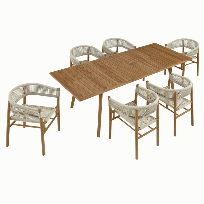 Vienna 7-Piece Outdoor Patio Teak and Rope Dining Set with Curved-Back Armchairs by Modway