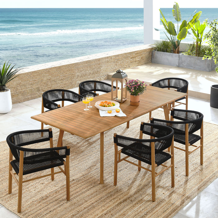 Vienna 7-Piece Outdoor Patio Teak and Rope Dining Set with Curved-Back Armchairs by Modway