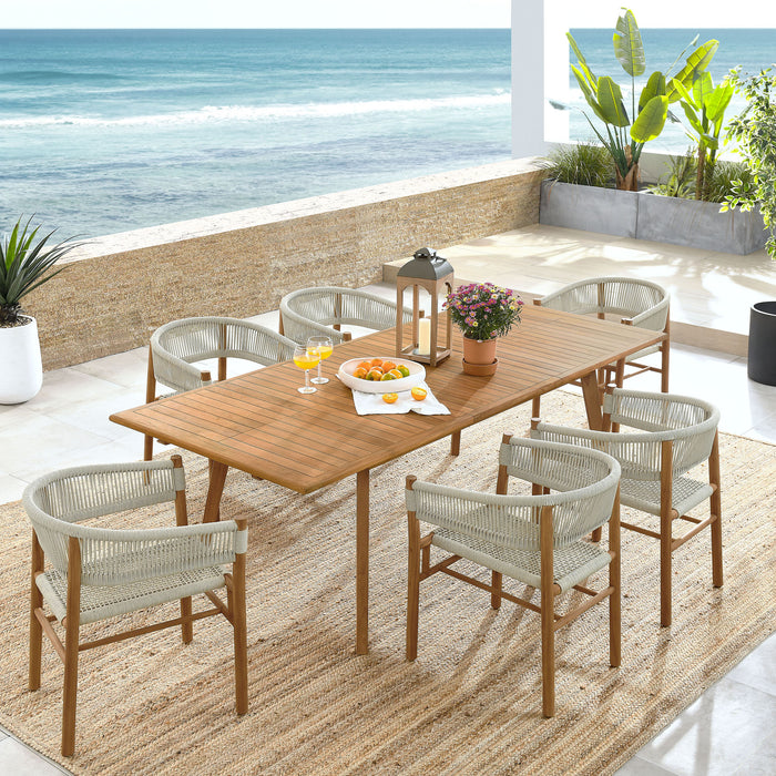 Vienna 7-Piece Outdoor Patio Teak and Rope Dining Set with Curved-Back Armchairs by Modway