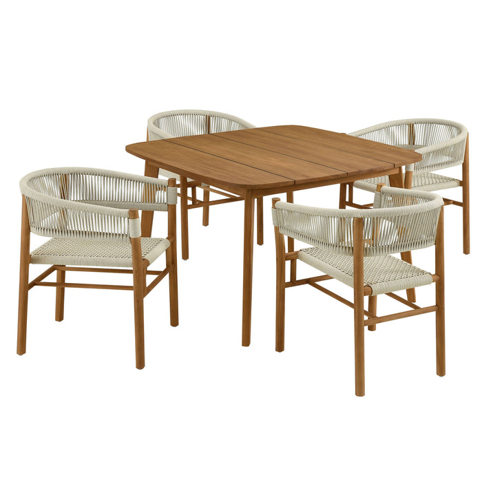 Vienna 5-Piece Outdoor Patio Teak and Rope Dining Set with Curved-Back Armchairs by Modway