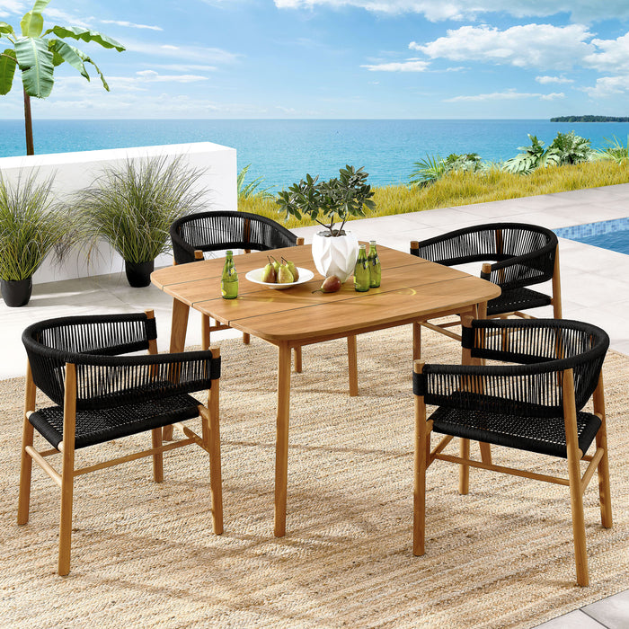 Vienna 5-Piece Outdoor Patio Teak and Rope Dining Set with Curved-Back Armchairs by Modway