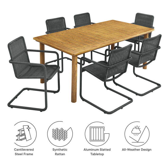 Abacus 7-Piece Rectangular Outdoor Patio Aluminum Dining Table Set with Rattan Armchairs by Modway