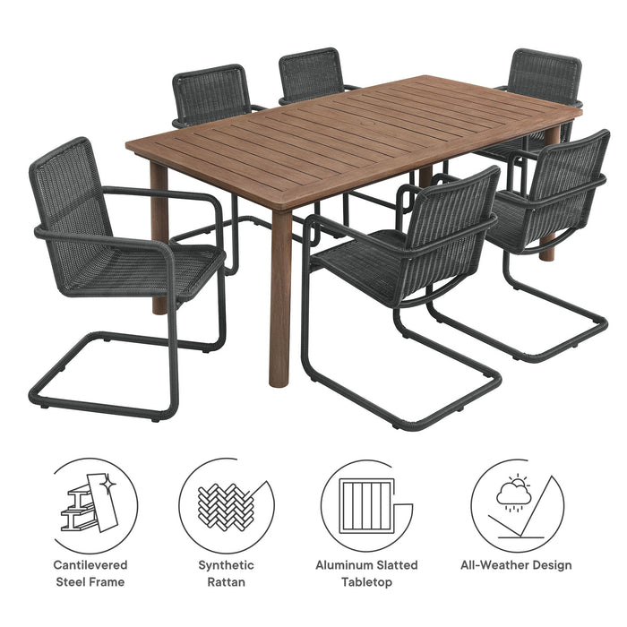 Abacus 7-Piece Rectangular Outdoor Patio Aluminum Dining Table Set with Rattan Armchairs by Modway