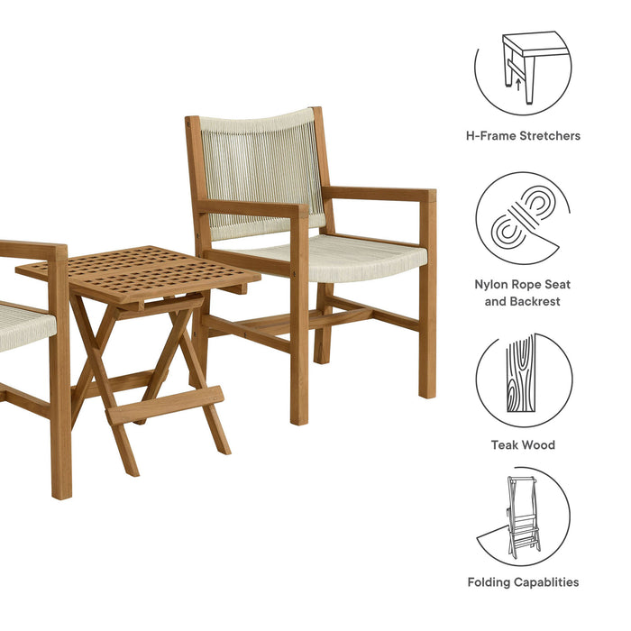 Vienna 3-Piece Outdoor Patio Teak and Rope Armchairs with Folding Side Table by Modway