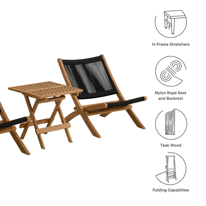 Vienna 3-Piece Outdoor Patio Teak and Rope Folding Lounge Chairs and Side Table by Modway