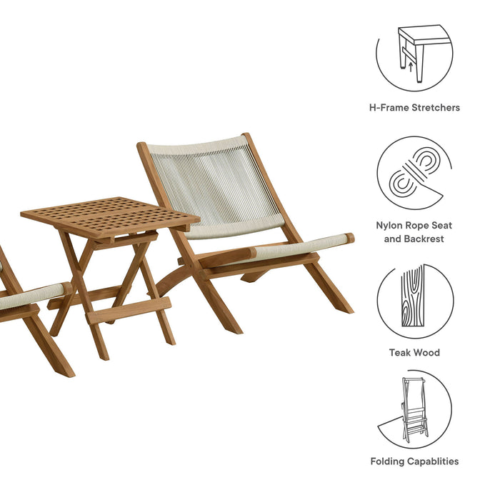 Vienna 3-Piece Outdoor Patio Teak and Rope Folding Lounge Chairs and Side Table by Modway